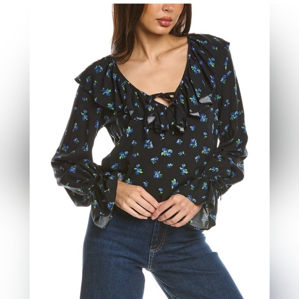 NWT WeWoreWhat REVOLVE Floral Ruffle Blouse - Black Multi, Size Small